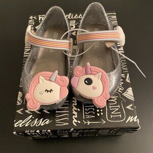 NIB Mini Melissa Ultragirl Silver Glitter Unicorn Shoes